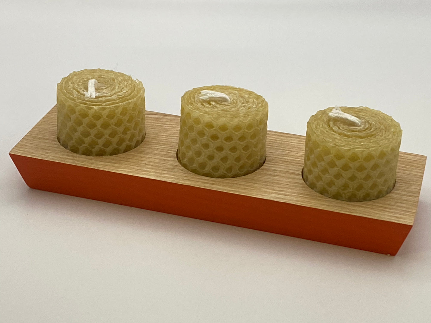 Hand-rolled beeswax tea lights x3 on stand