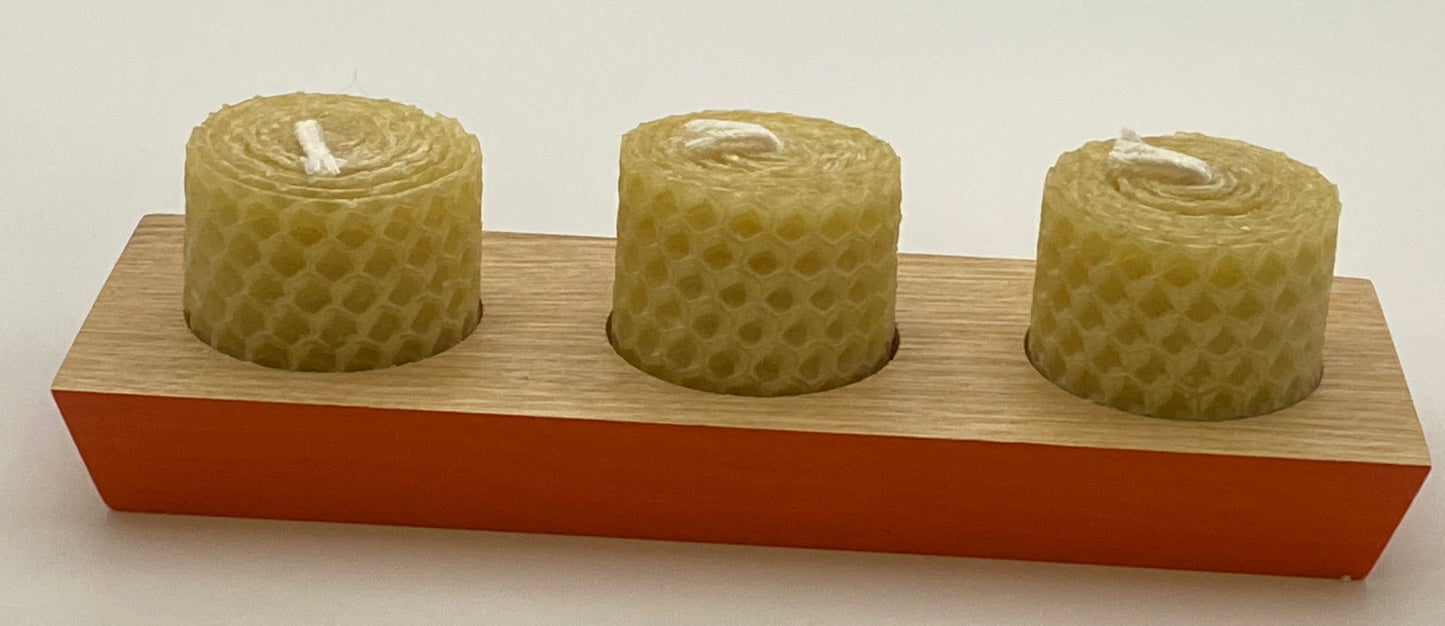 Hand-rolled beeswax tea lights x3 on stand