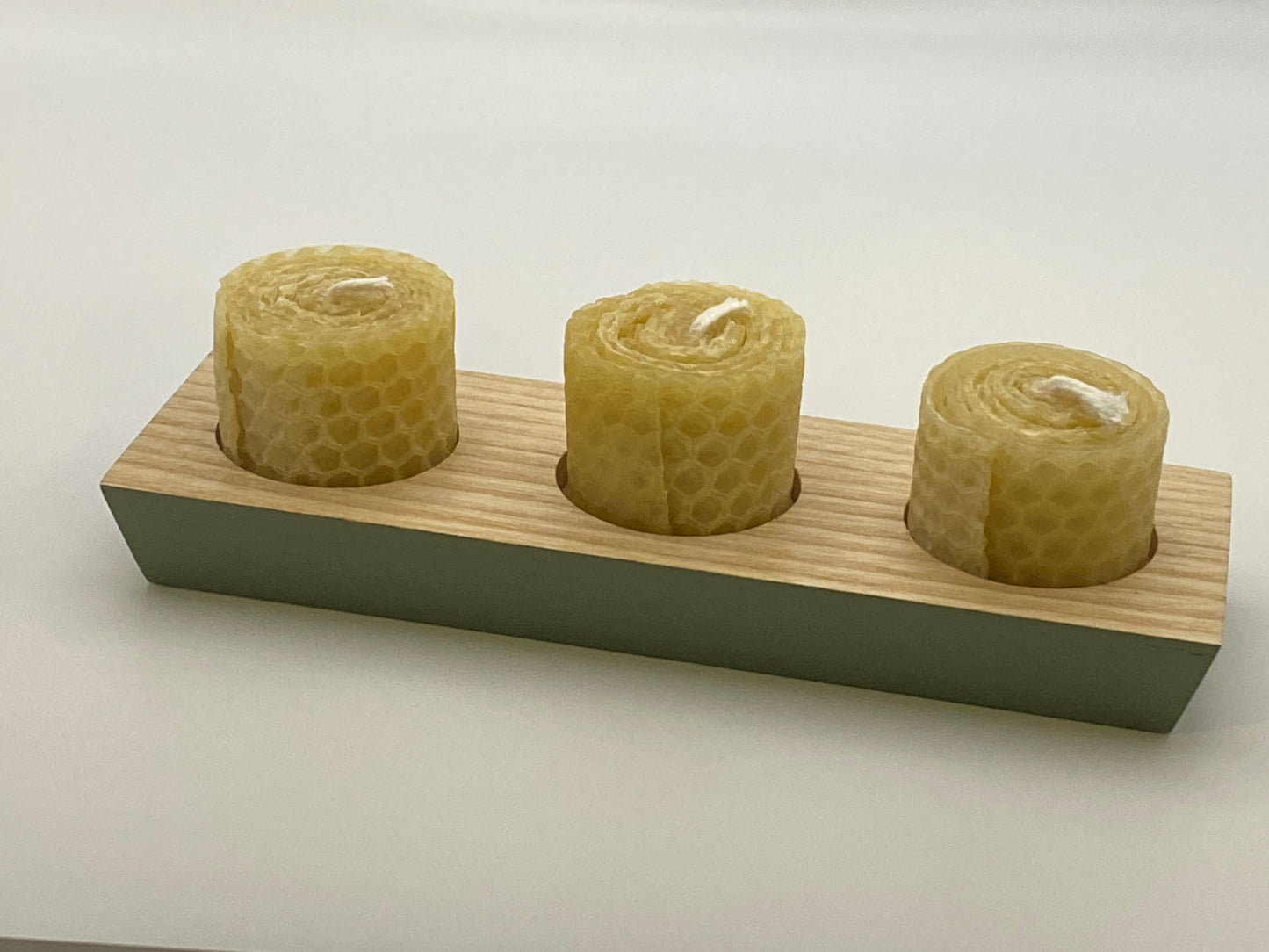 Hand-rolled beeswax tea lights x3 on stand