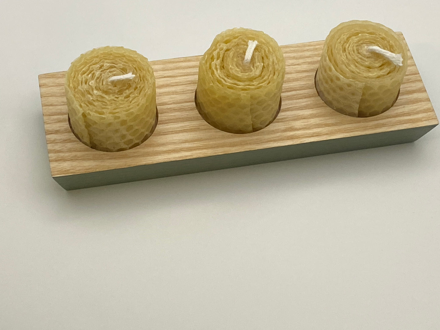 Hand-rolled beeswax tea lights x3 on stand