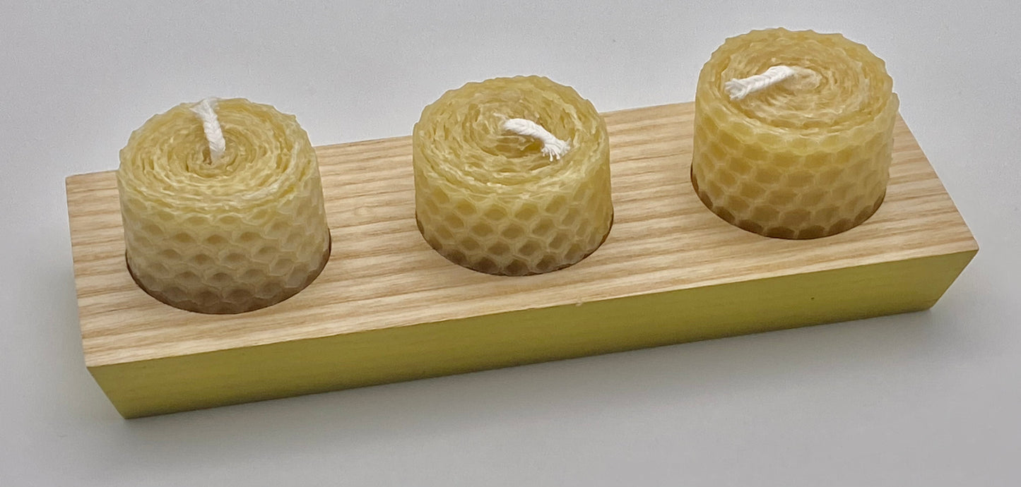 Hand-rolled beeswax tea lights x3 on stand