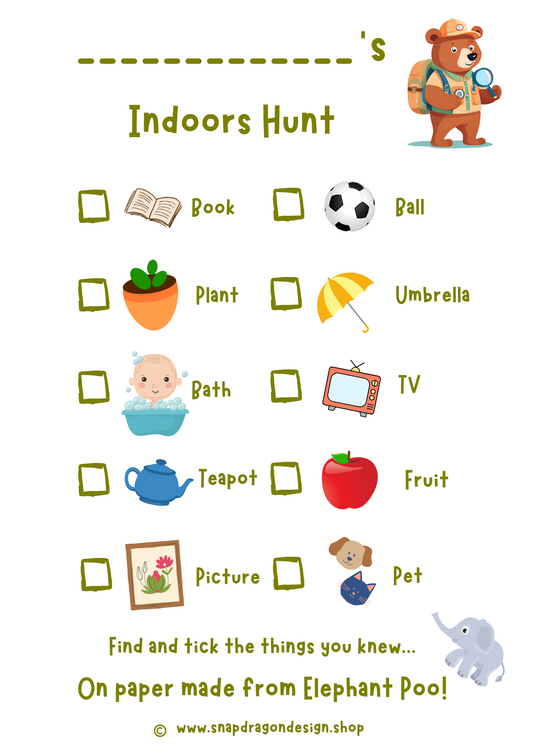 Indoors Hunt Activity Sheet on Elephant Poo Paper