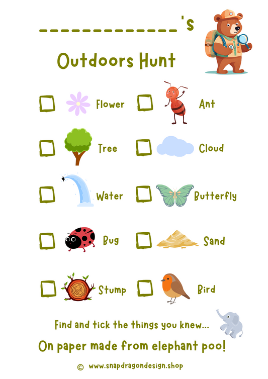 Outdoors Hunt Activity Sheet on Elephant Poo Paper